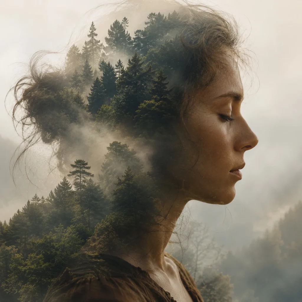 Portrait artistique d’une femme fusionnée avec une forêt brumeuse, symbolisant la mémoire intérieure du corps et l’écoute sensible.