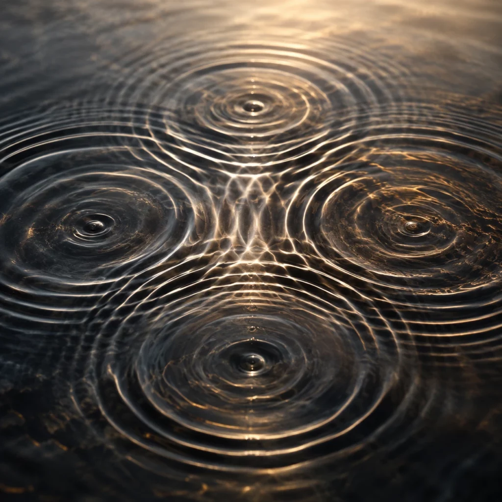 Quatre ondulations dans l’eau se rencontrent et s’harmonisent, illustration de l’alignement intérieur dans la prise de décision.