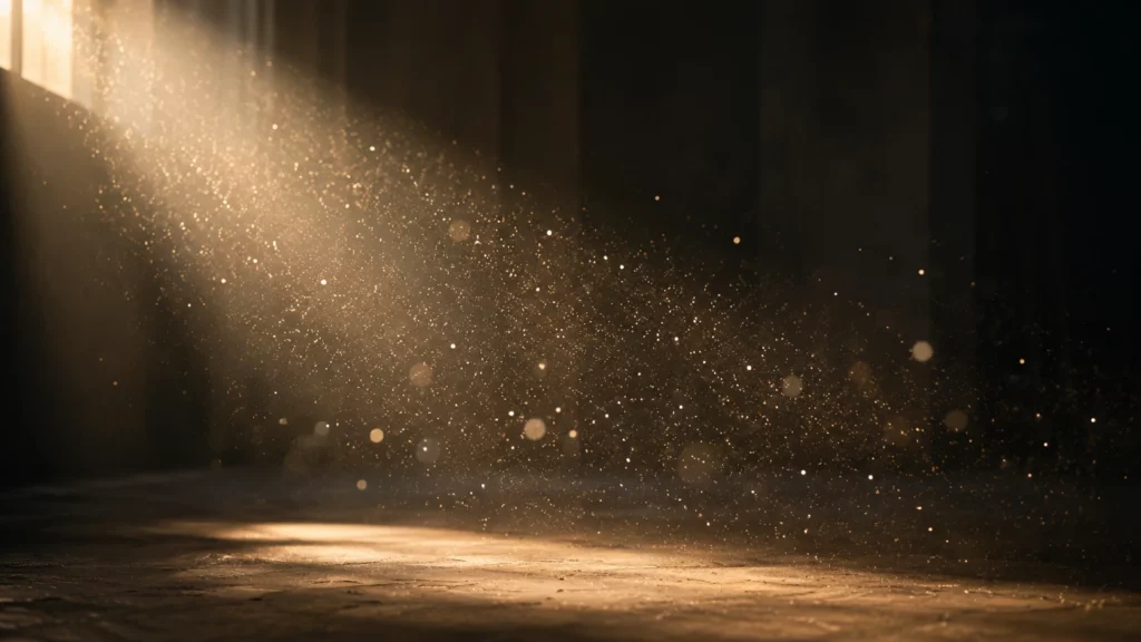 Un rayon de lumière dorée traverse une pièce sombre et révèle des particules en suspension.