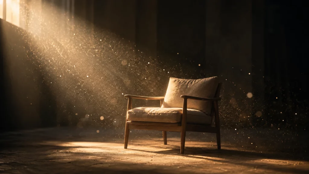 Un fauteuil vide baigné d'un rayon de lumière dorée dans une pièce sombre, au milieu de particules en suspension.