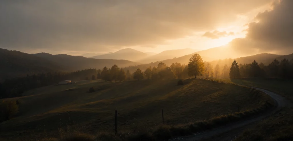 Paysage du Haut-Jura au coucher du soleil près du Sanctuaire